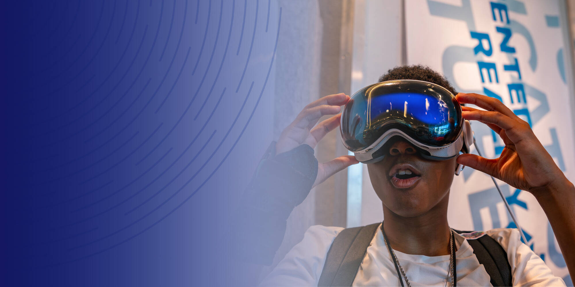 Student experiences virtual reality goggles during College Prep Week.